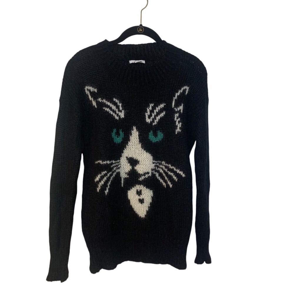 Bar III Black Fuzzy Mohair Blend Tuxedo Cat Novelty Sweater XS Whimsical Soft